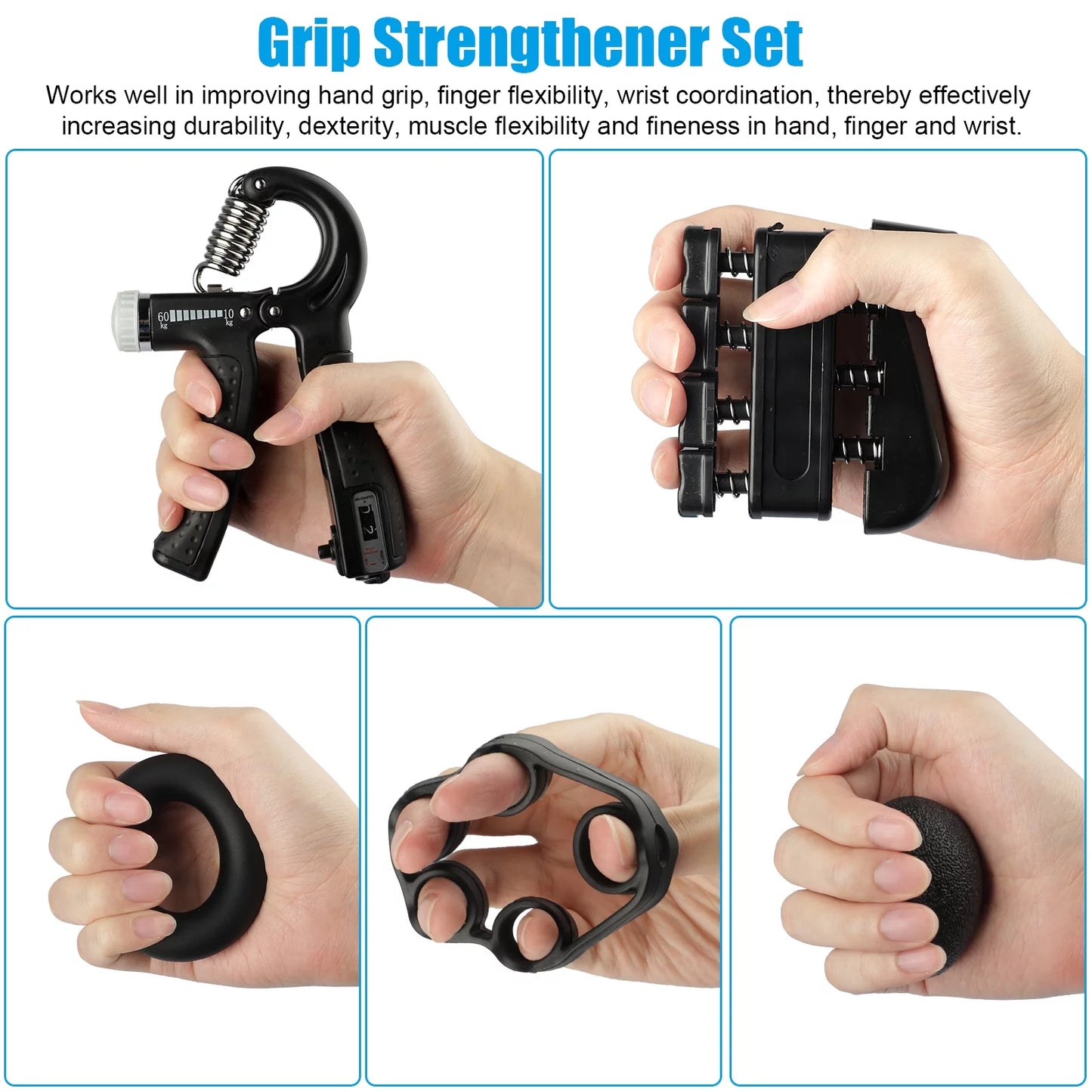 5Pcs Hand Grip Strengthener Forearm Workout Kit, Grip Strength Trainer, Adjustable Resistance 22 to 132Lbs Hand Gripper, Finger Exerciser, Finger Stretcher, Grip Loop, Stress Relief Grip Ball