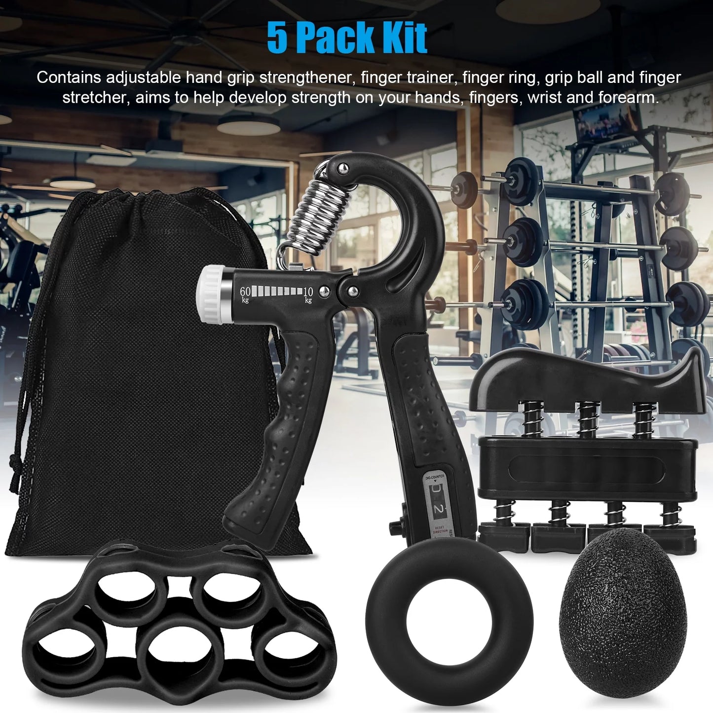 5Pcs Hand Grip Strengthener Forearm Workout Kit, Grip Strength Trainer, Adjustable Resistance 22 to 132Lbs Hand Gripper, Finger Exerciser, Finger Stretcher, Grip Loop, Stress Relief Grip Ball